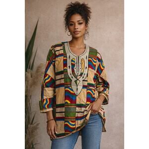 African Wax Print Embroidered Tunic Dashiki Style Unisex Chest 44